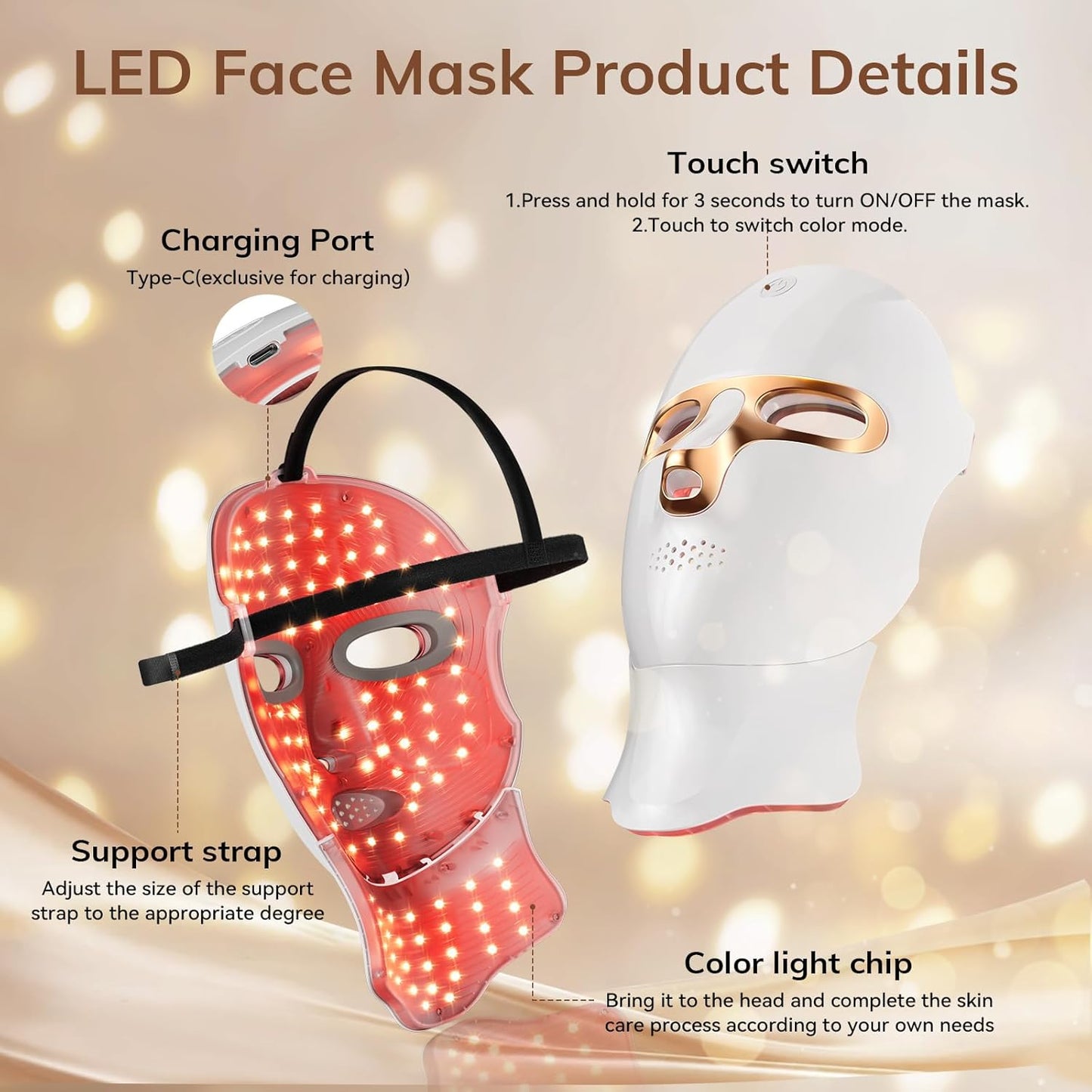 Cordless LED Face Mask Light Therapy (USB-C Rechargeable) – Red Light 630nm + Neck Device