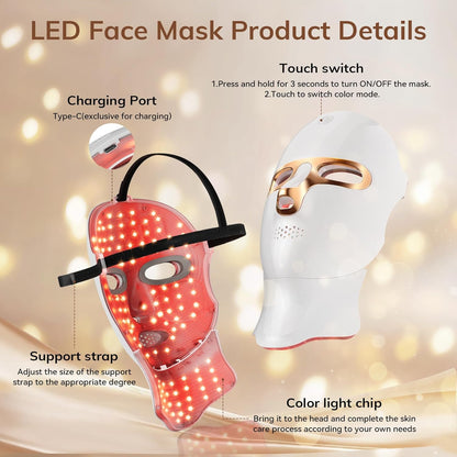 ONLUCKY LED face mask product details showing USB-C charging port and touch control
