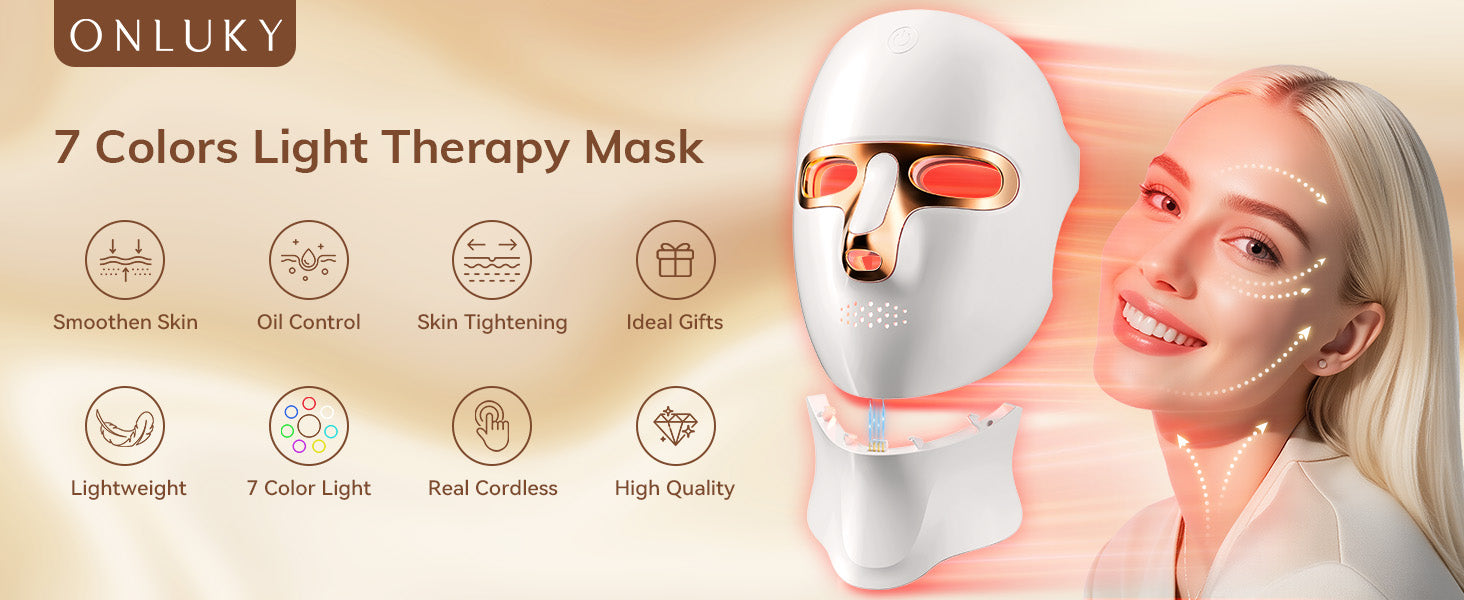 ONLUKY 7 Colors Light Therapy Mask infographic displaying key features: smoothen skin, oil control, skin tightening, lightweight design, and real cordless operation with neck attachment.